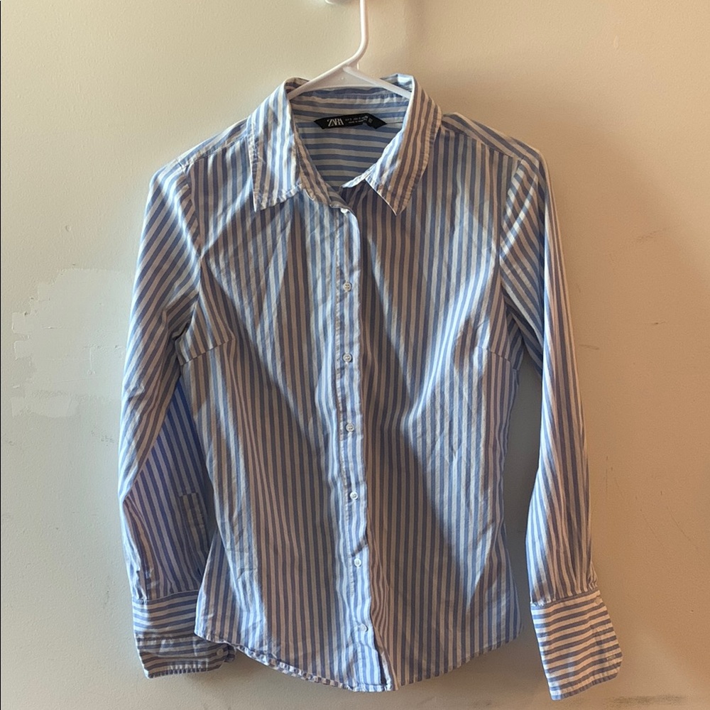 Zara Blue and White Striped Casual Shirt